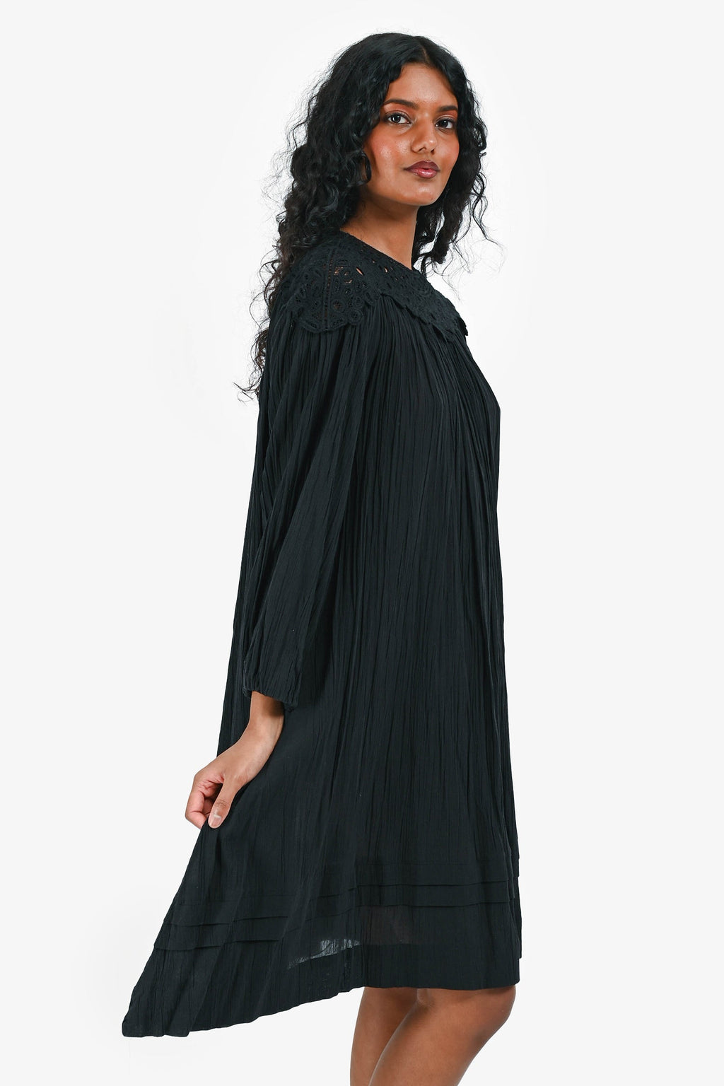 Isabel Marant Etoile Black Cotton Eyelet Crinkled Long Sleeves Dress Size 34