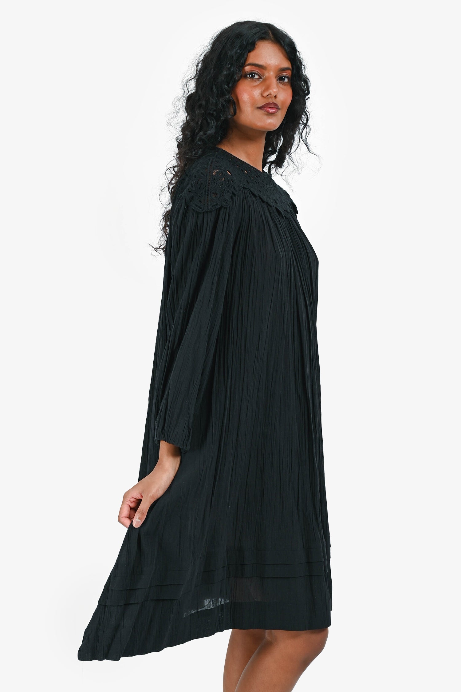 Isabel Marant Etoile Black Cotton Eyelet Crinkled Long Sleeves Dress Size 34