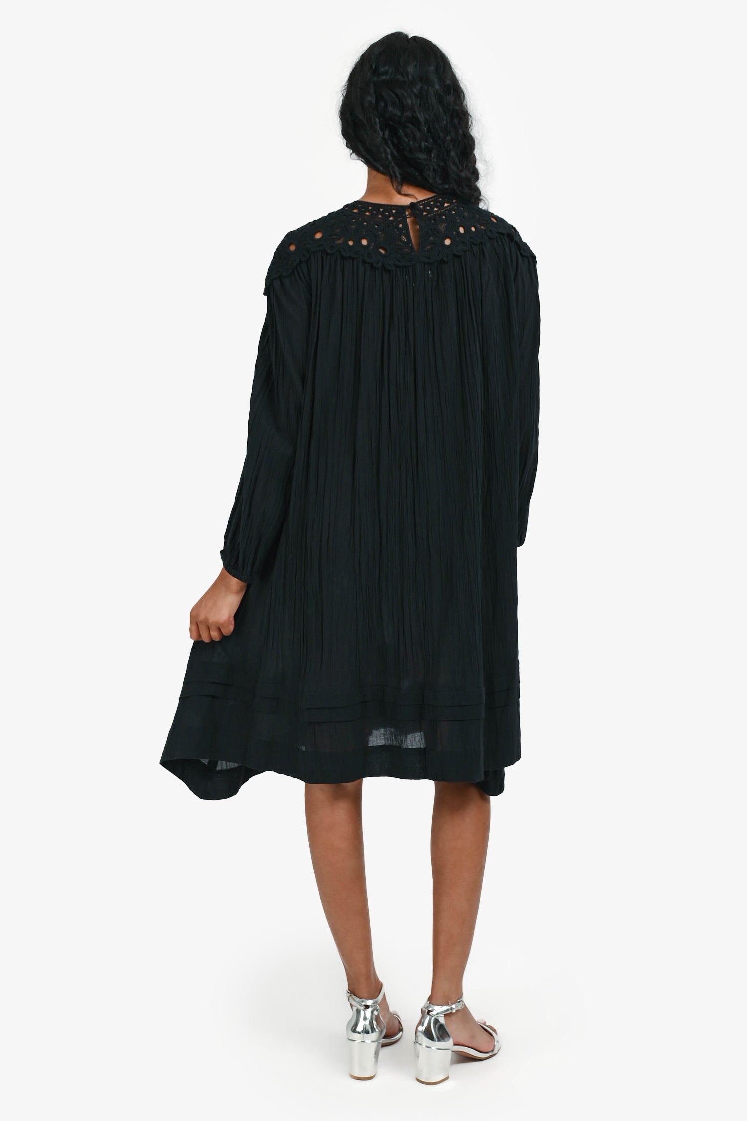 Isabel Marant Etoile Black Cotton Eyelet Crinkled Long Sleeves Dress Size 34