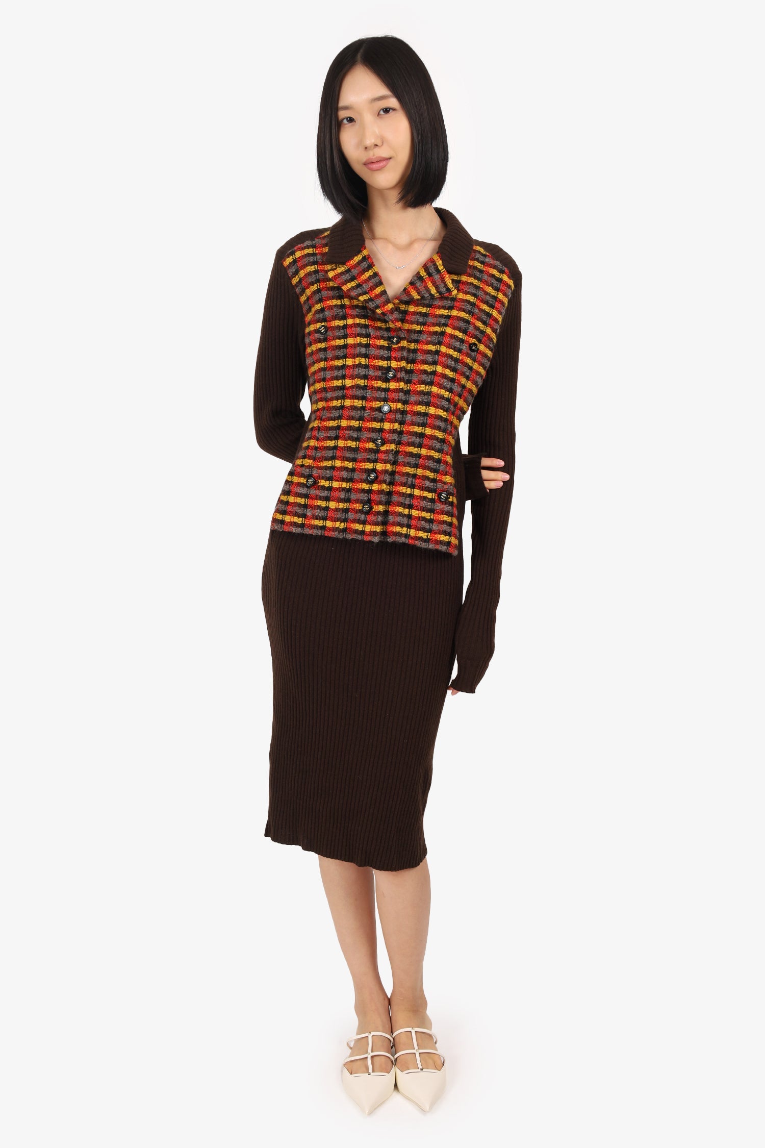 Pre-Loved Chanel™ Vintage Autumn 1995 Brown Ribbed Cashmere/Yellow Tweed Jacket Dress Size 38