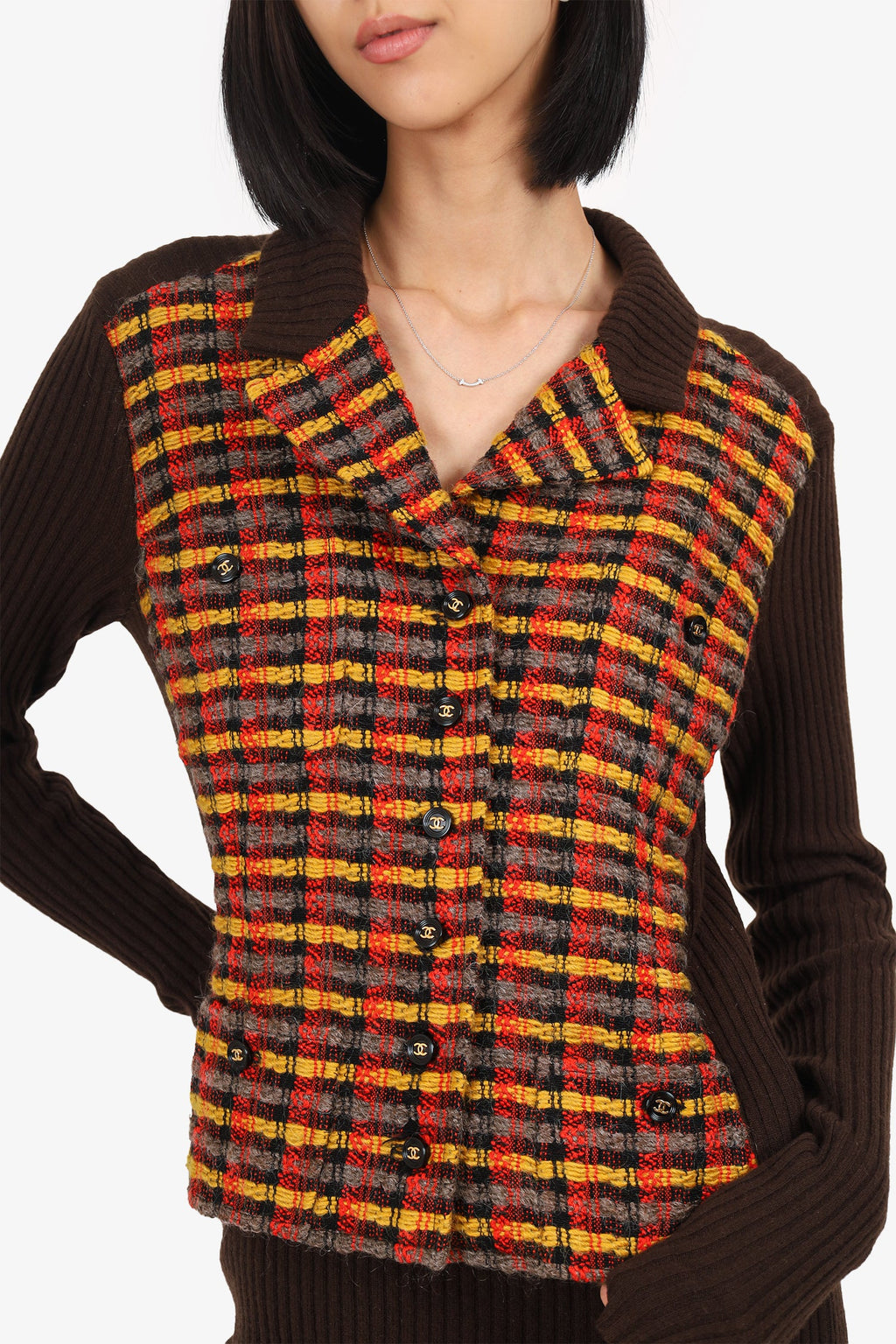 Pre-Loved Chanel™ Vintage Autumn 1995 Brown Ribbed Cashmere/Yellow Tweed Jacket Dress Size 38