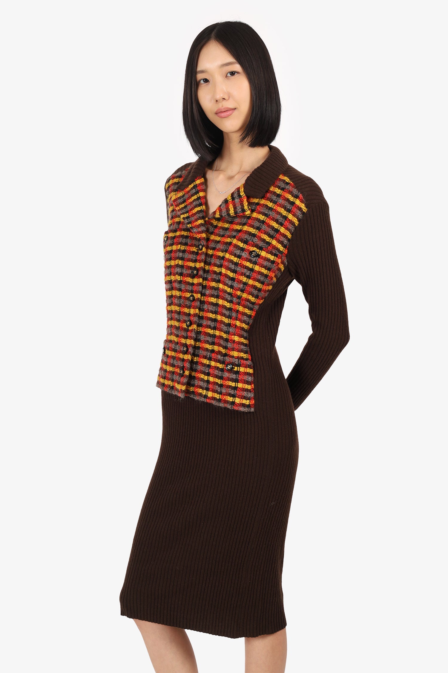 Pre-Loved Chanel™ Vintage Autumn 1995 Brown Ribbed Cashmere/Yellow Tweed Jacket Dress Size 38
