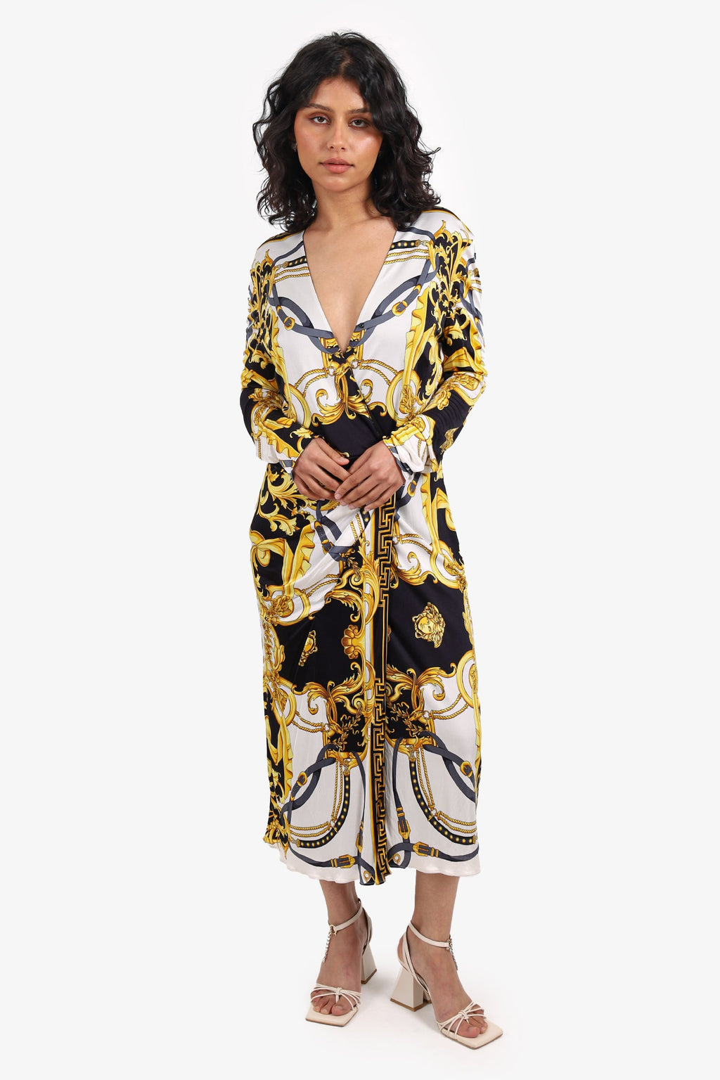 Versace Black/Gold Baroque Plunge Neck Midi Dress Size 46