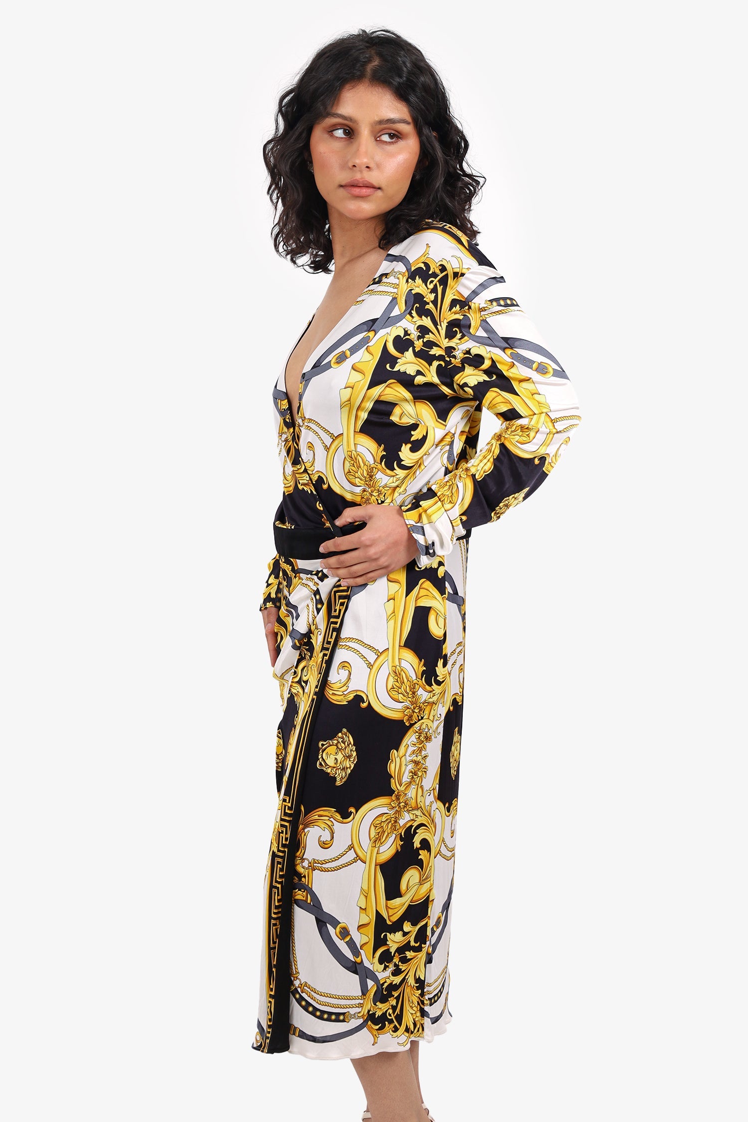 Versace Black/Gold Baroque Plunge Neck Midi Dress Size 46