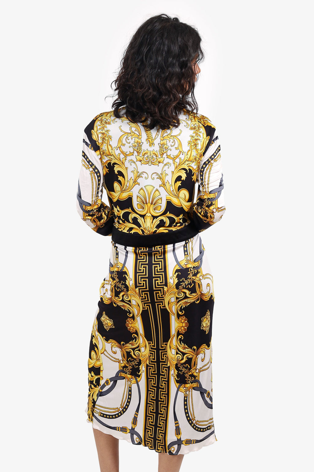 Versace Black/Gold Baroque Plunge Neck Midi Dress Size 46