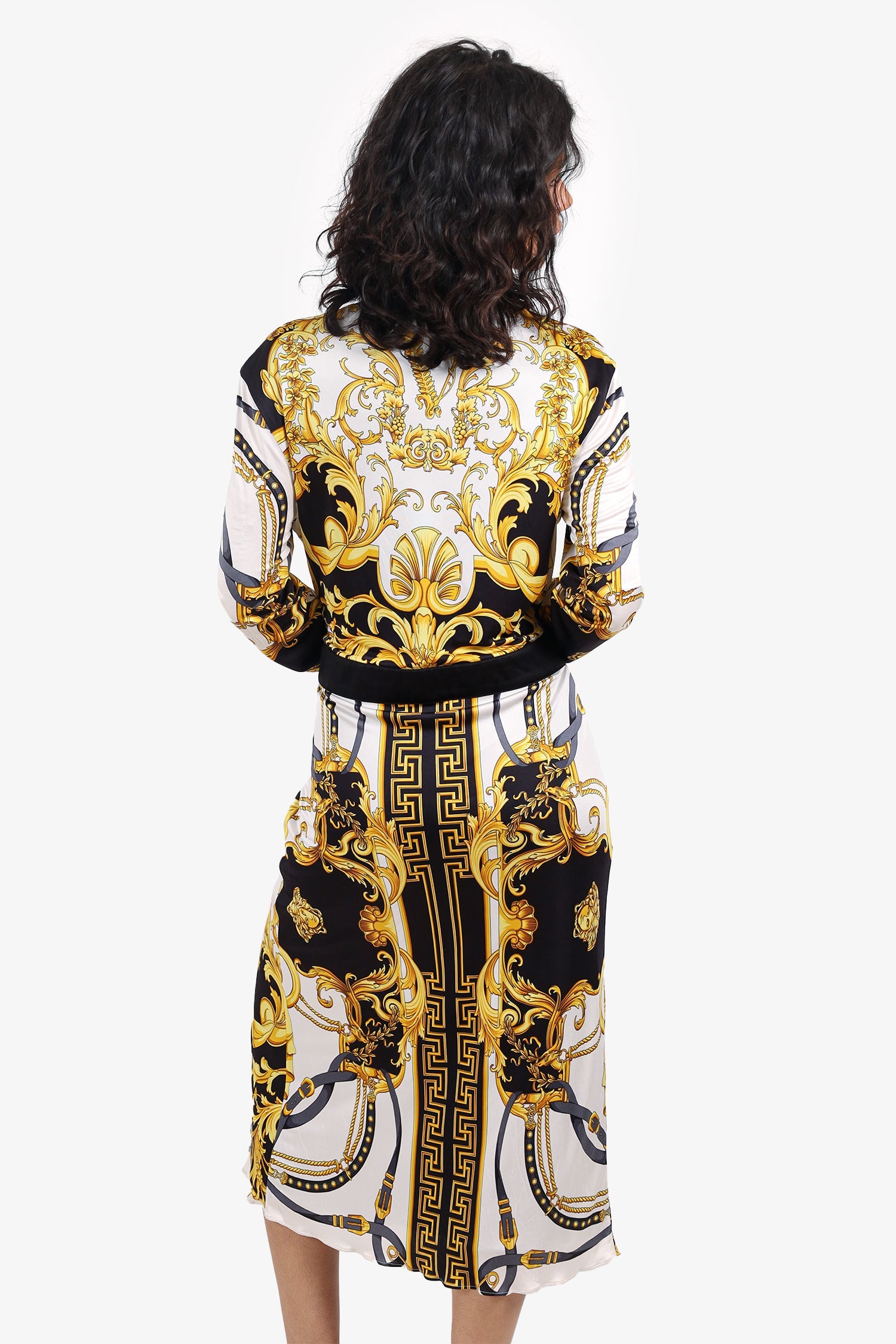 Versace Black/Gold Baroque Plunge Neck Midi Dress Size 46