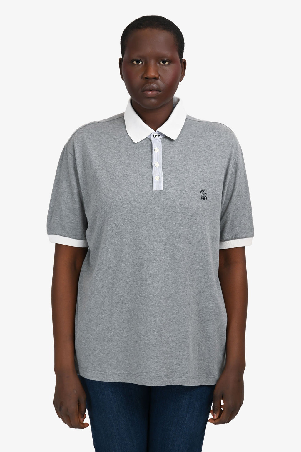 Brunello Cucinelli Grey/White Polo Shirt Size 56 Mens