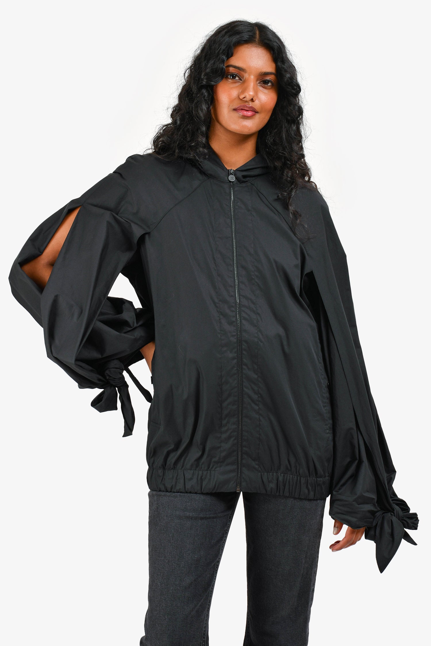 Pre-Loved Chanel™ Black Nylon CC Bow Detail Windbreaker Size 38