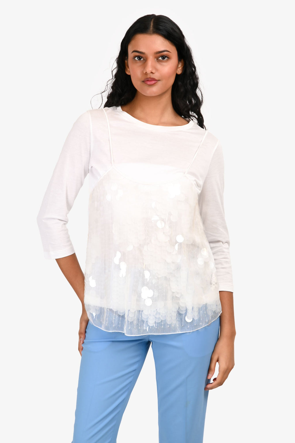 Fabiana Filippi White T-Shirt With Sequin Overlay Size XS