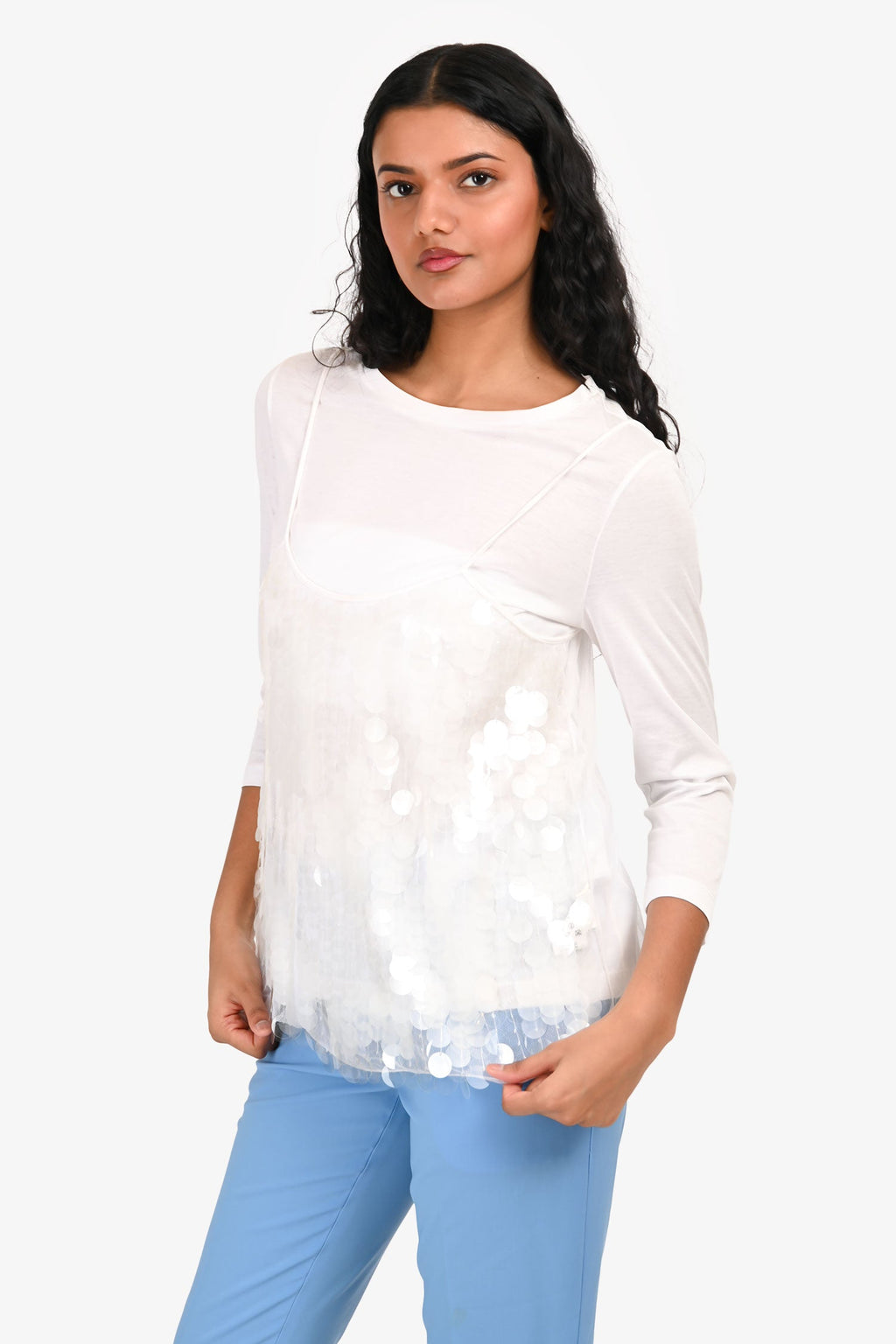 Fabiana Filippi White T-Shirt With Sequin Overlay Size XS