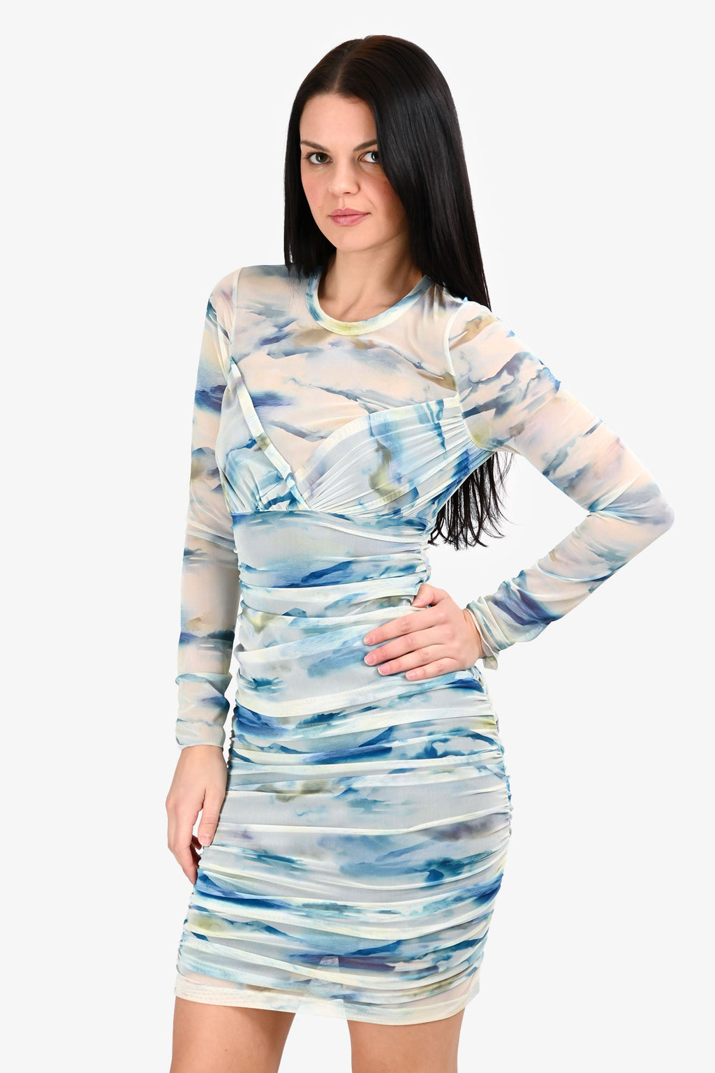 Jonathan Simkhai Blue/Green Long Sleeve Ruched Mesh Printed Dress Size M