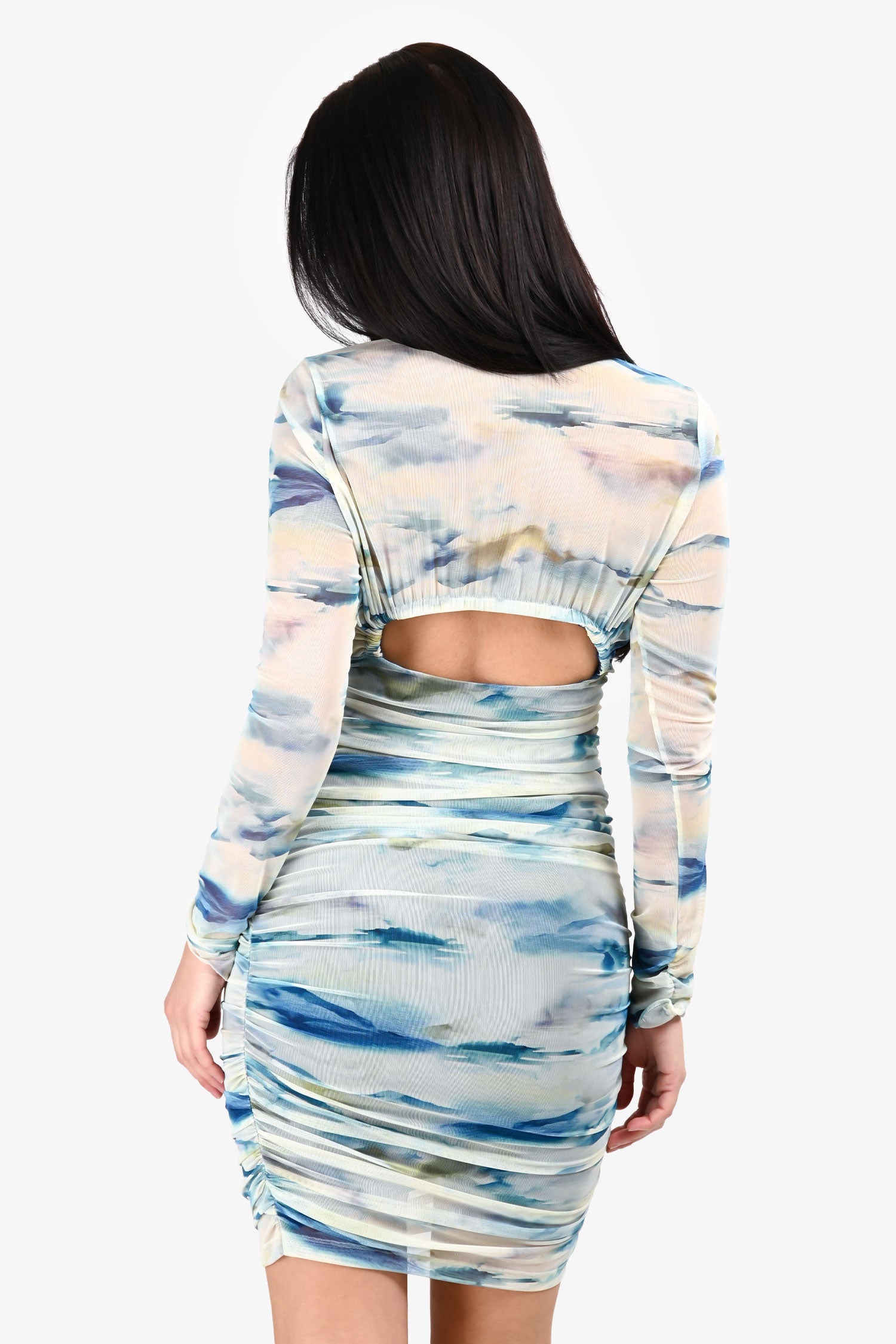 Jonathan Simkhai Blue/Green Long Sleeve Ruched Mesh Printed Dress Size M