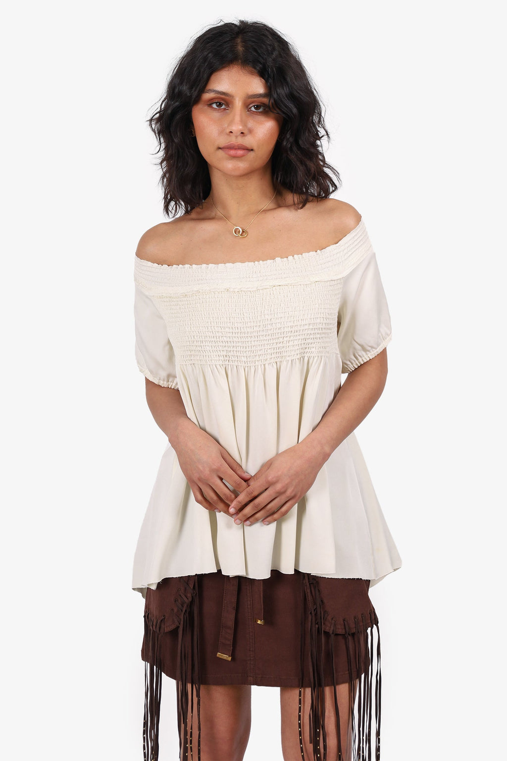 Pre-Loved Chanel™ 05A Cream Silk Ruched Short Sleeve Top Size 40