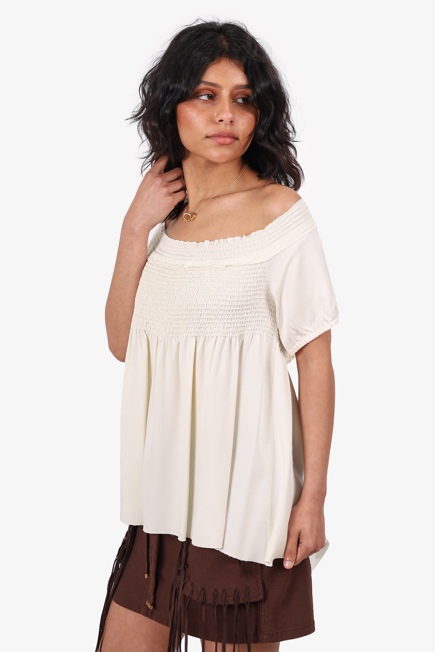 Pre-Loved Chanel™ 05A Cream Silk Ruched Short Sleeve Top Size 40