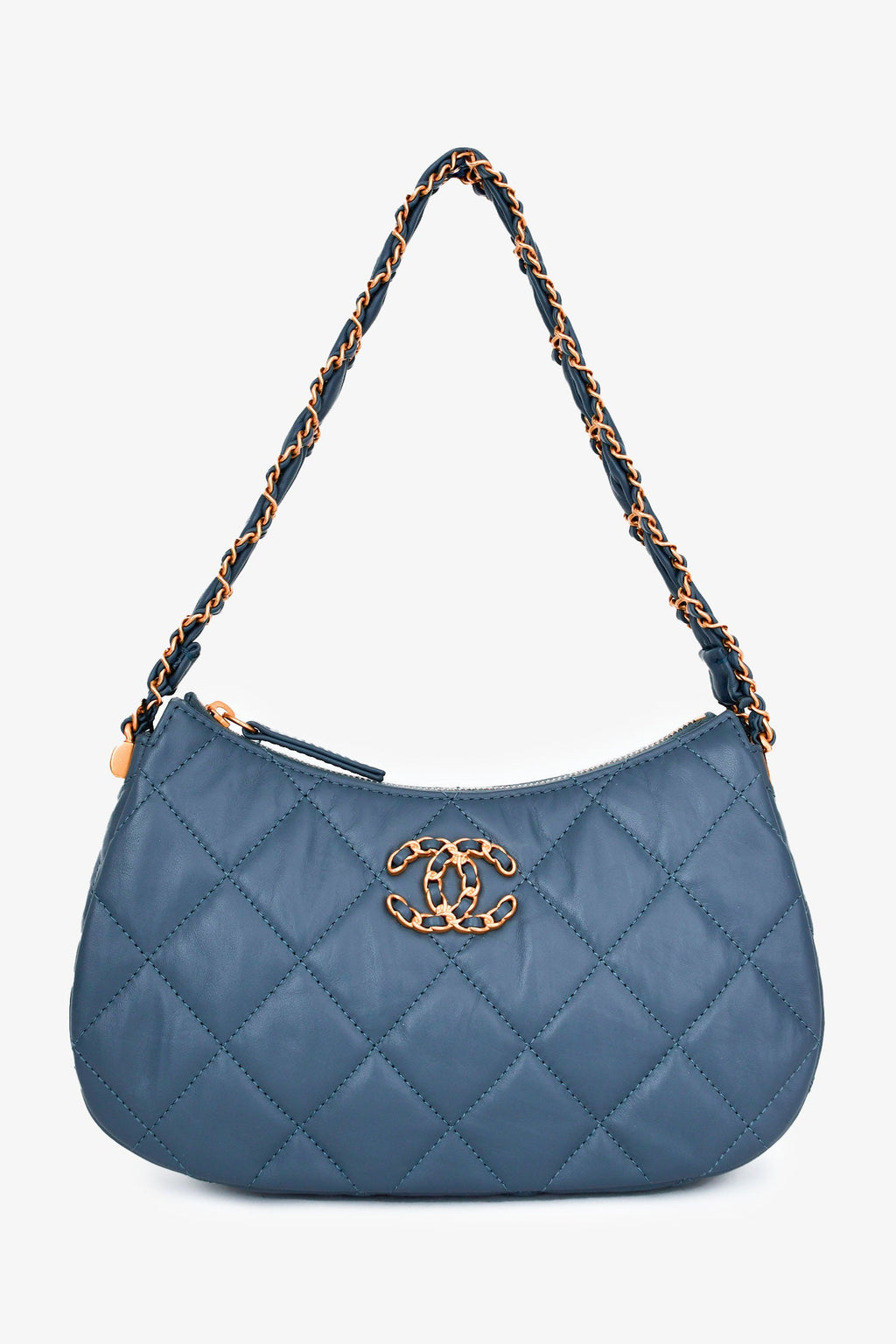 Pre-Loved Chanel™ Blue Aged Lambskin Leather Quilted Chanel 19 Clutch On Chain GHW