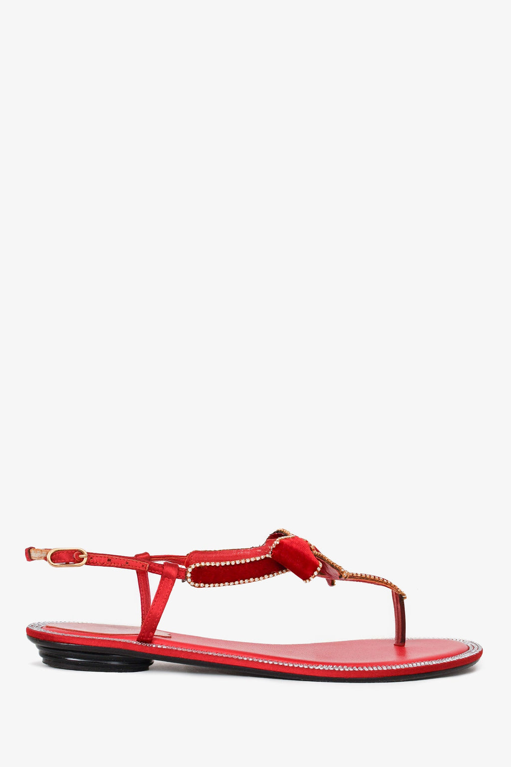 Rene Caovilla RedLeather/Velvet Crystal Embellished Bow Sandals Size 36