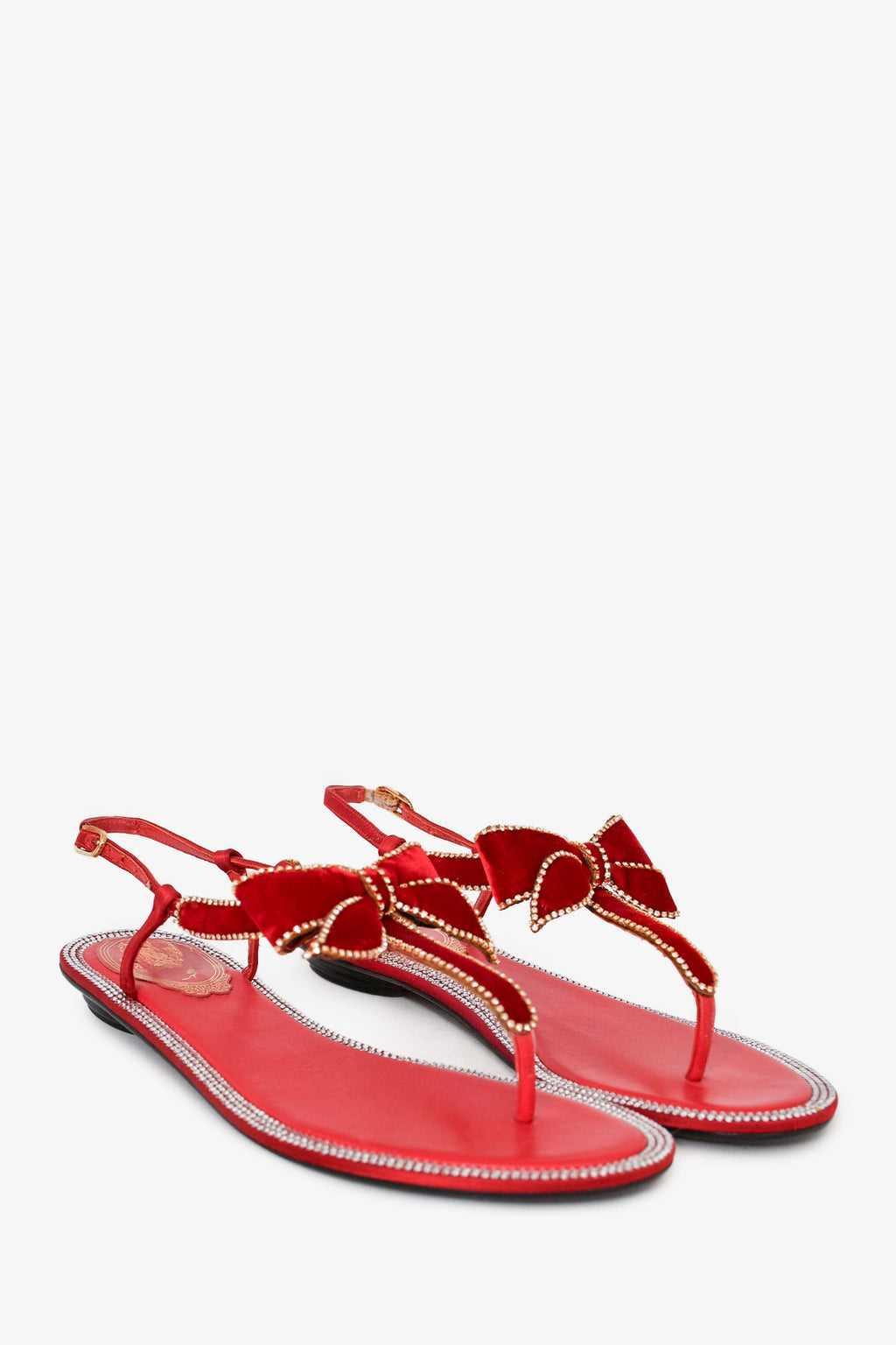 Rene Caovilla RedLeather/Velvet Crystal Embellished Bow Sandals Size 36