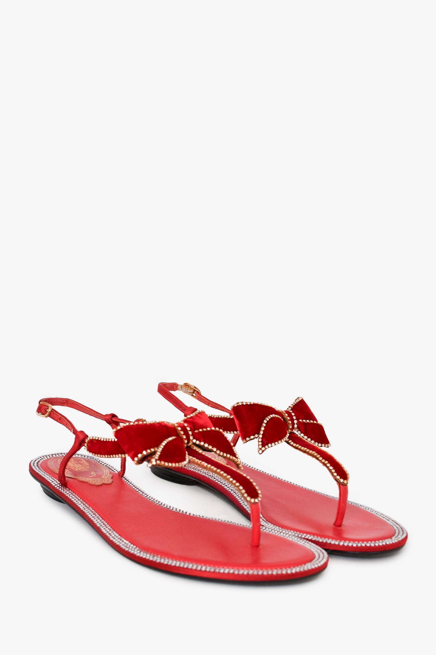 Rene Caovilla RedLeather/Velvet Crystal Embellished Bow Sandals Size 36