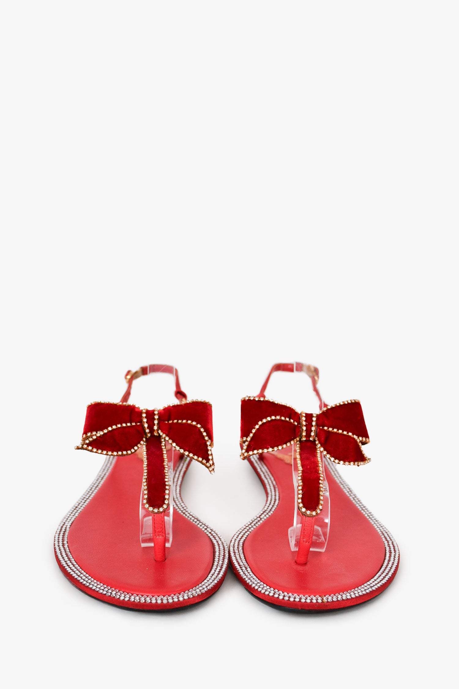 Rene Caovilla RedLeather/Velvet Crystal Embellished Bow Sandals Size 36