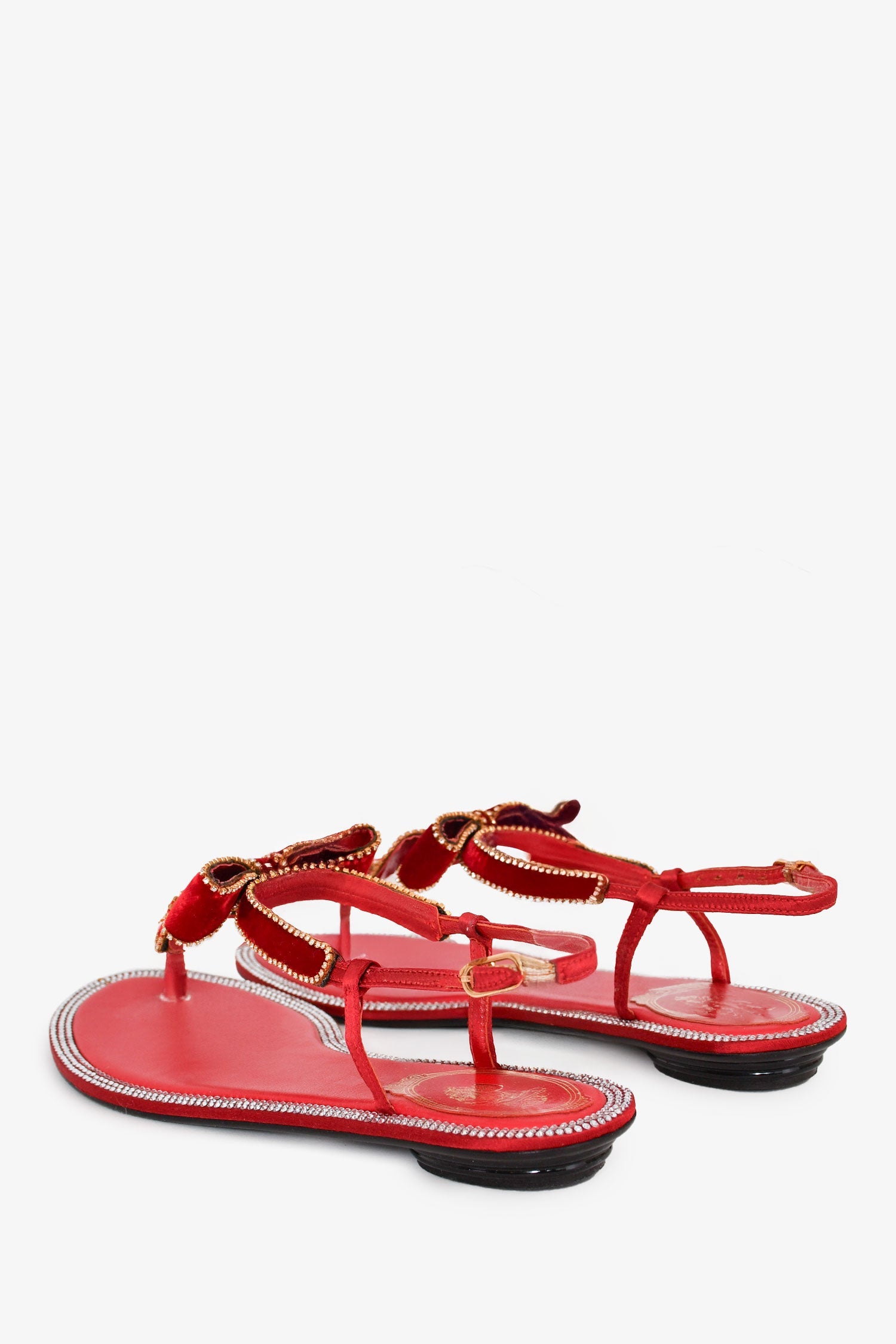 Rene Caovilla RedLeather/Velvet Crystal Embellished Bow Sandals Size 36