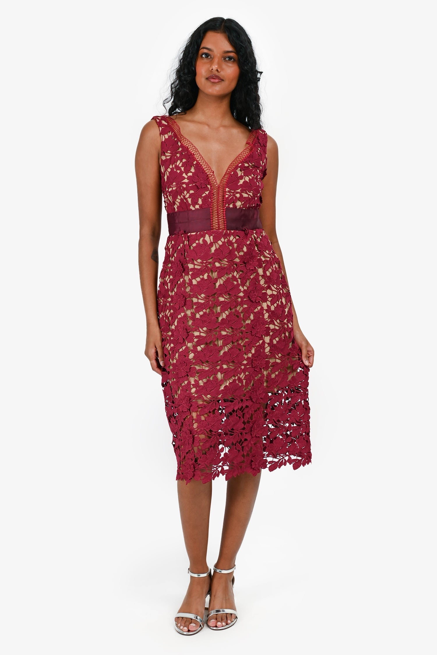 Self-Portrait Red Lace Sleeveless Midi Dress Size 2 US