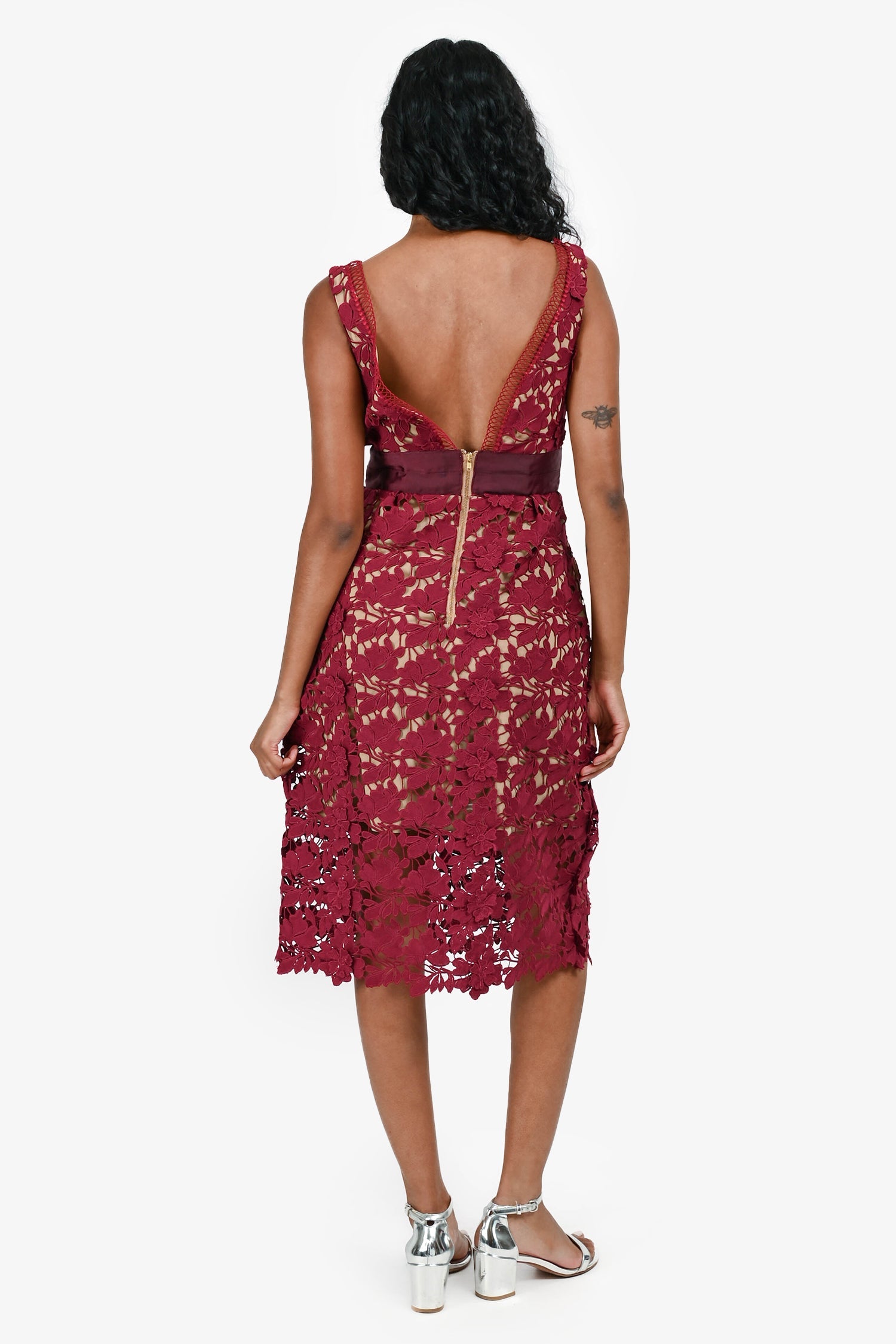 Self-Portrait Red Lace Sleeveless Midi Dress Size 2 US