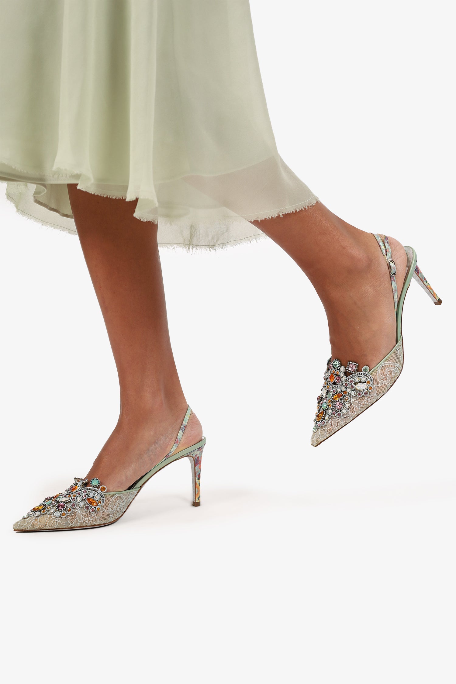 Rene Caovilla Grey Lace Jewel Slingback Venezia Pumps Size 41