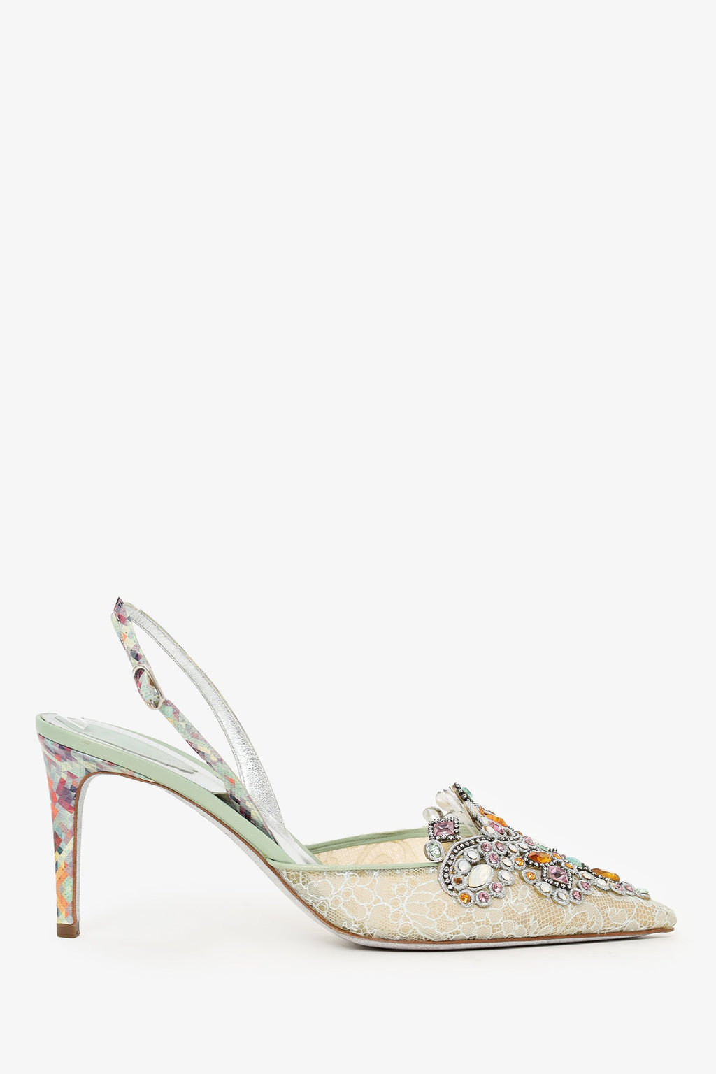 Rene Caovilla Grey Lace Jewel Slingback Venezia Pumps Size 41