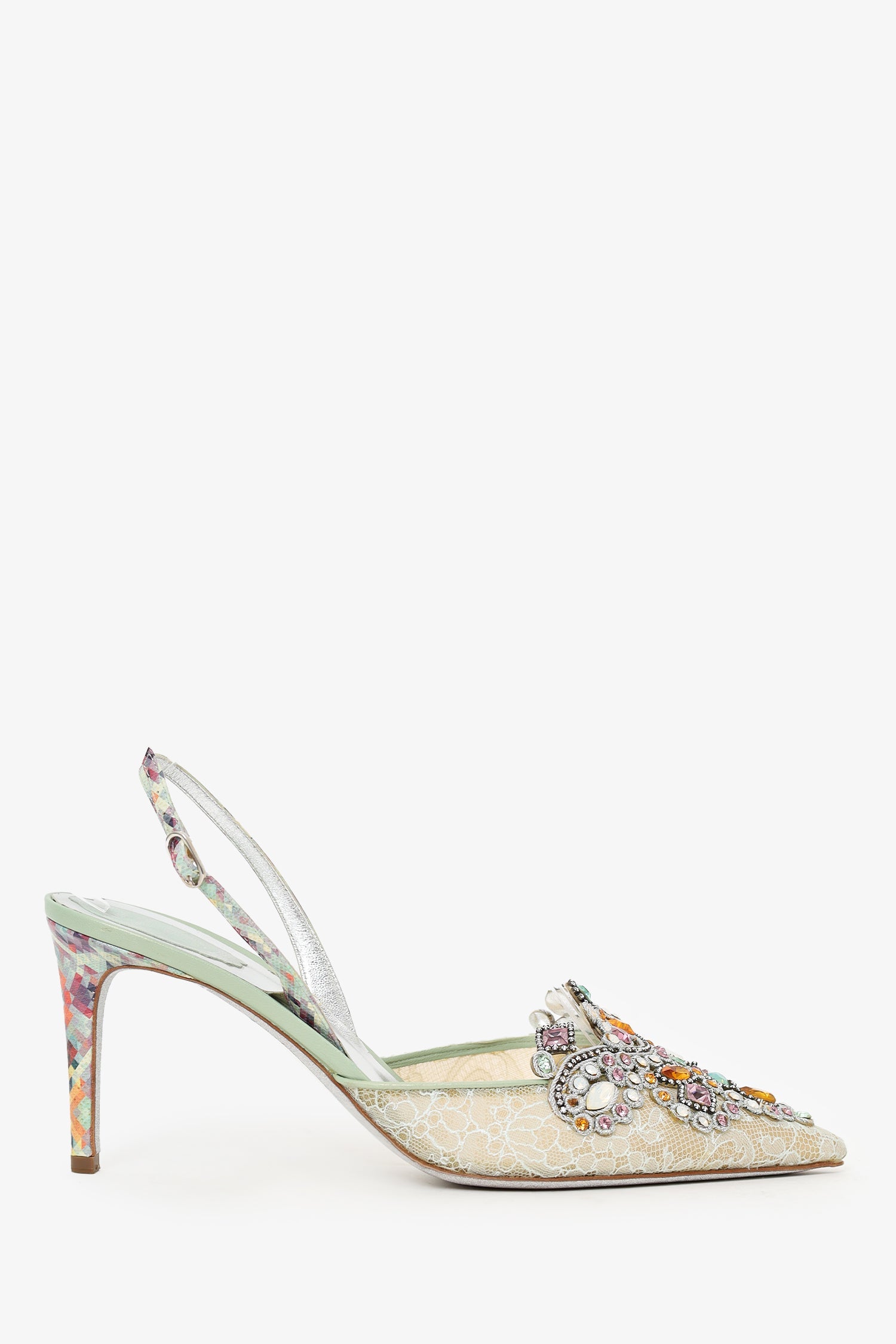 Rene Caovilla Grey Lace Jewel Slingback Venezia Pumps Size 41
