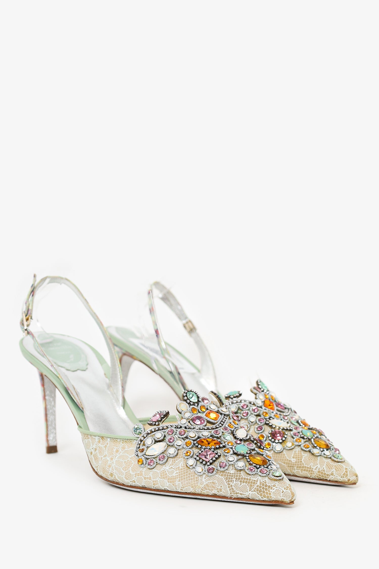 Rene Caovilla Grey Lace Jewel Slingback Venezia Pumps Size 41