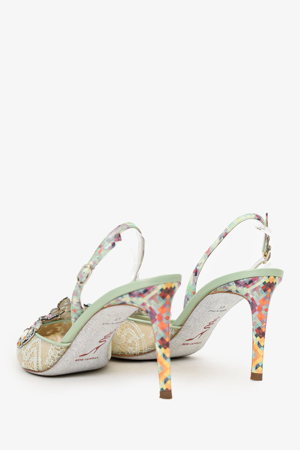 Rene Caovilla Grey Lace Jewel Slingback Venezia Pumps Size 41