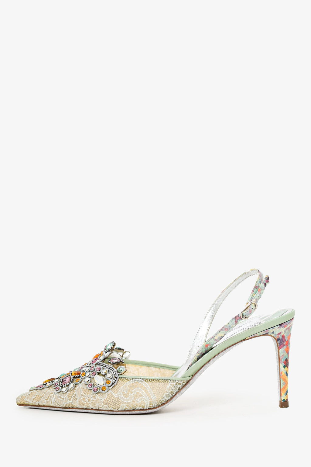 Rene Caovilla Grey Lace Jewel Slingback Venezia Pumps Size 41
