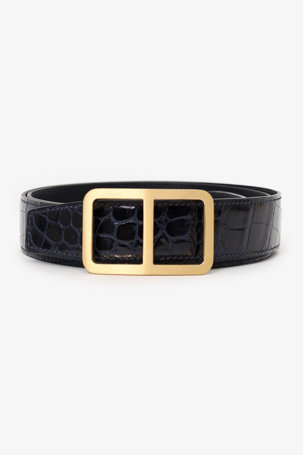 Hermès Navy Shiny Crocodile Porosus Leather Officer Buckle Belt