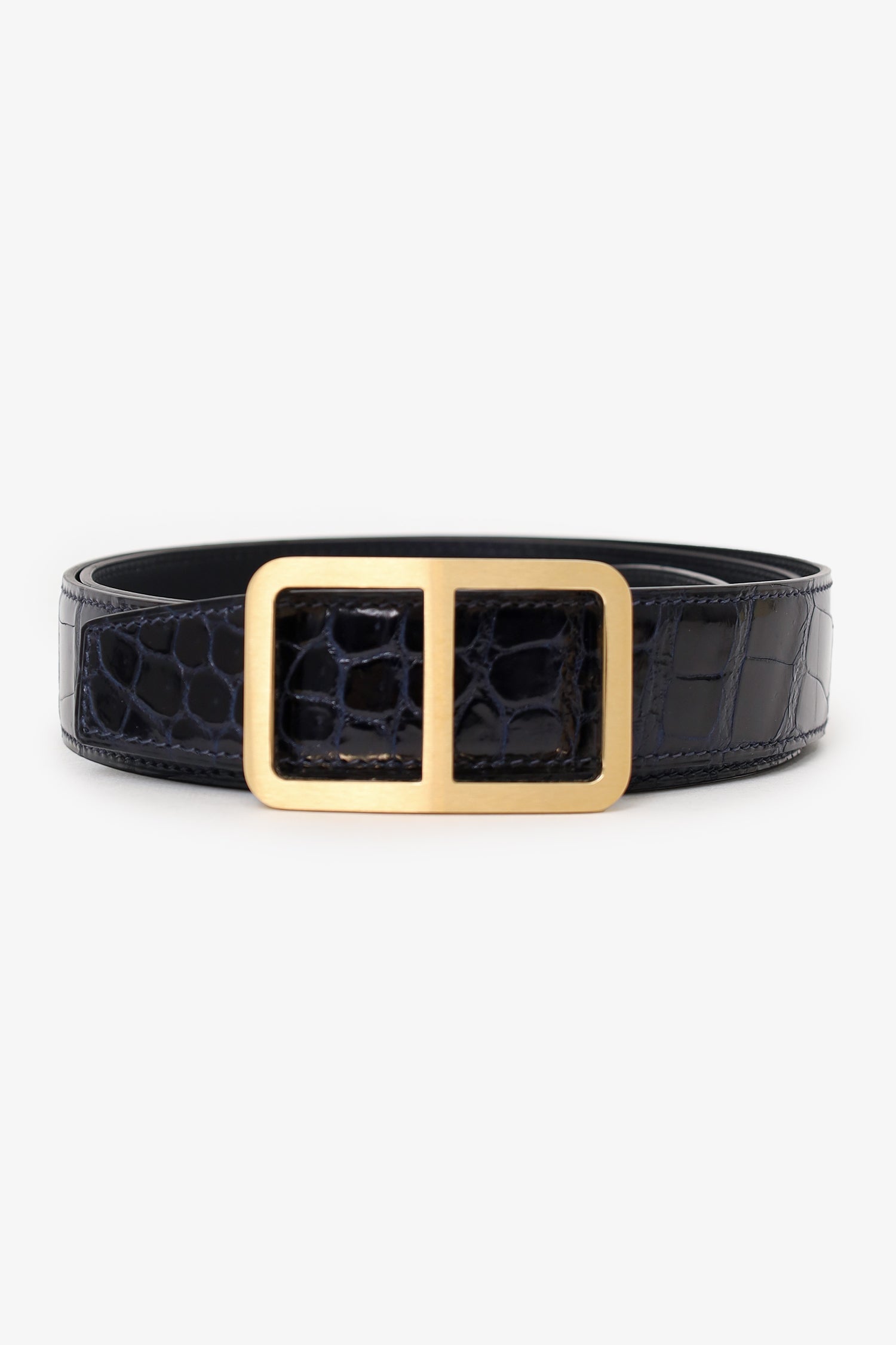 Hermès Navy Shiny Crocodile Porosus Leather Officer Buckle Belt