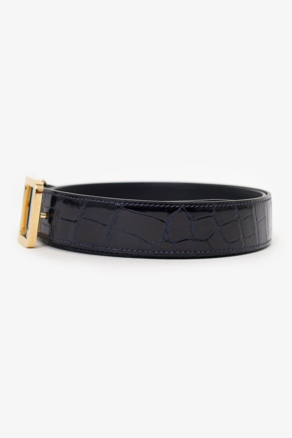 Hermès Navy Shiny Crocodile Porosus Leather Officer Buckle Belt
