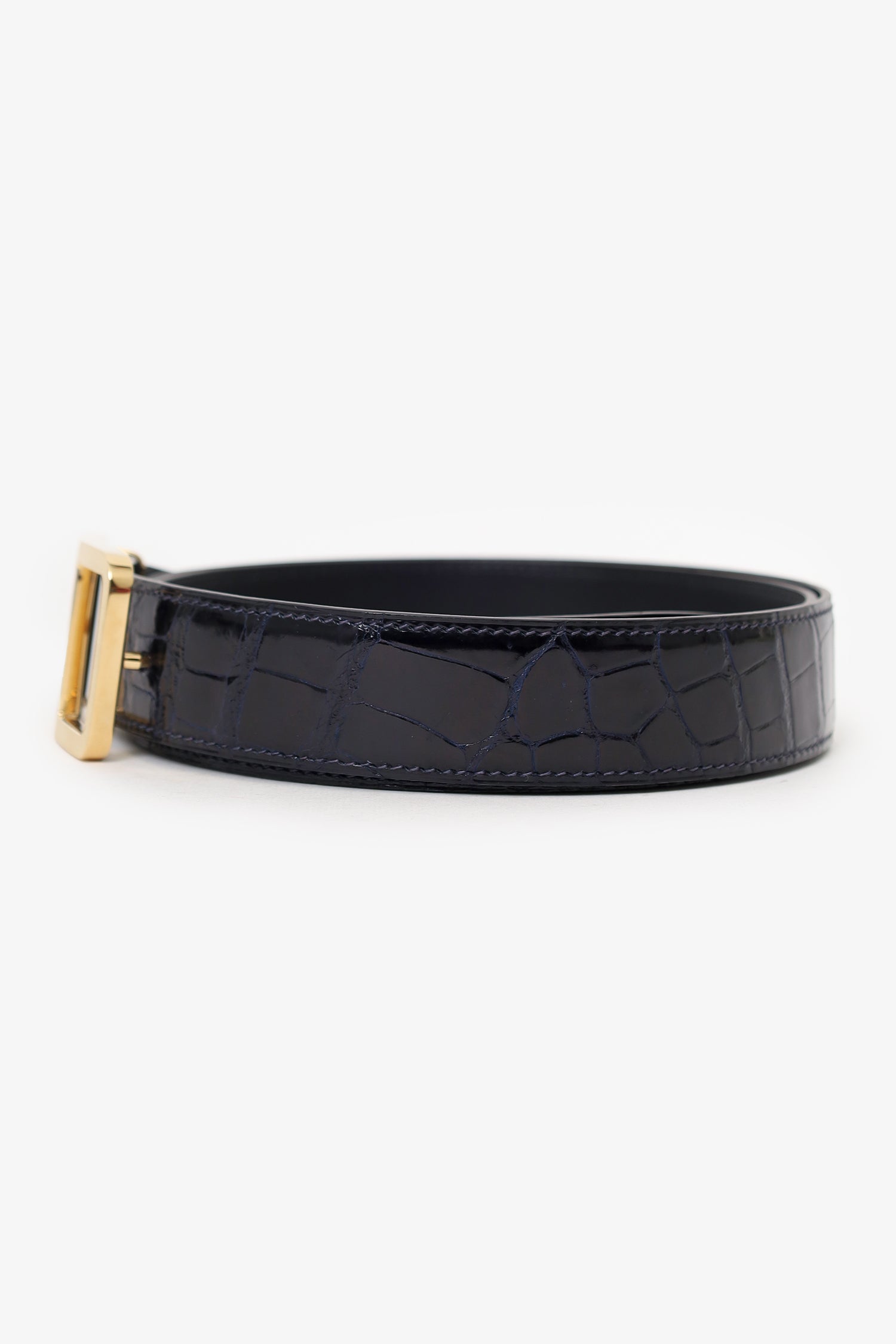 Hermès Navy Shiny Crocodile Porosus Leather Officer Buckle Belt