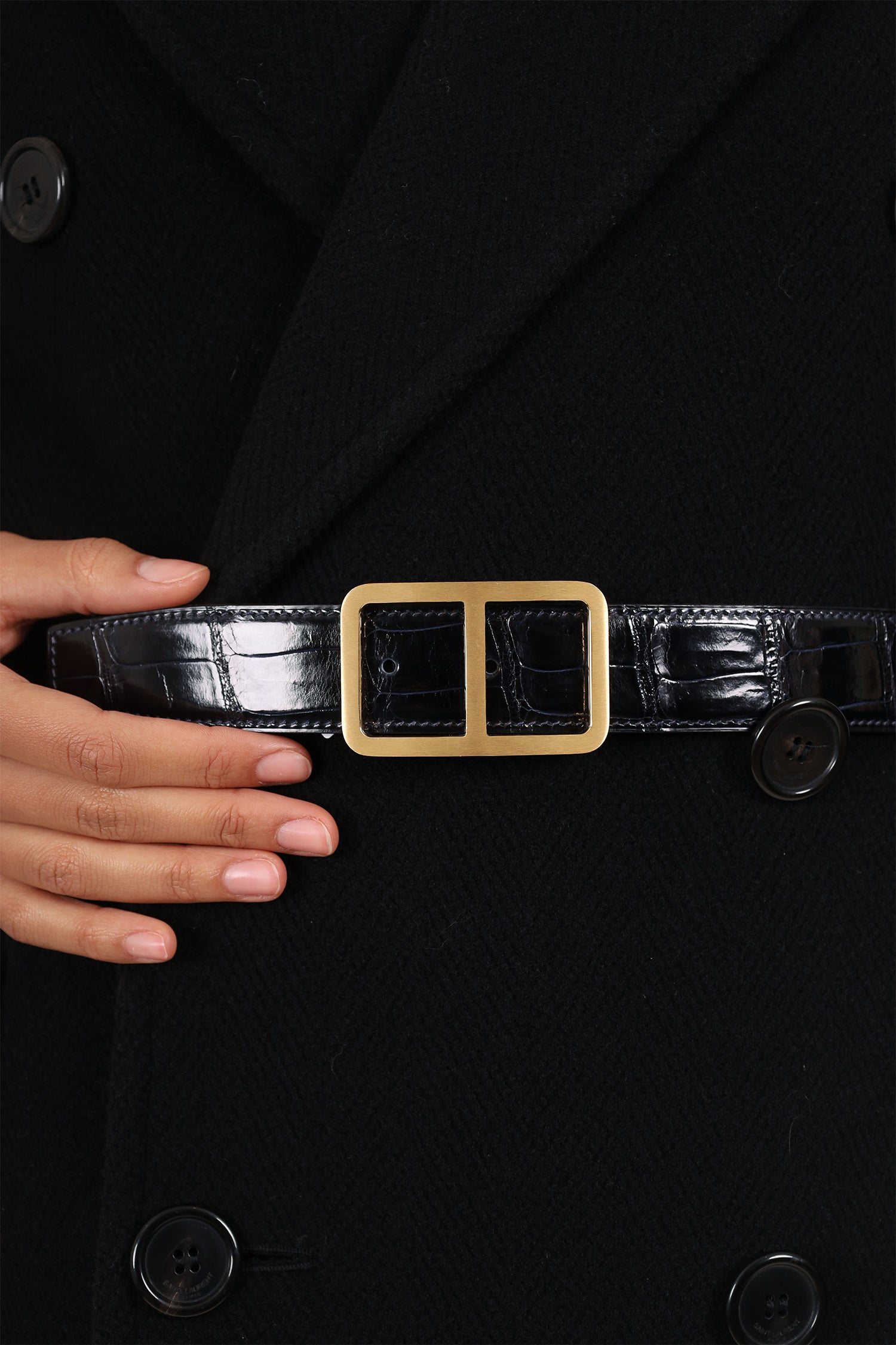 Hermès Navy Shiny Crocodile Porosus Leather Officer Buckle Belt