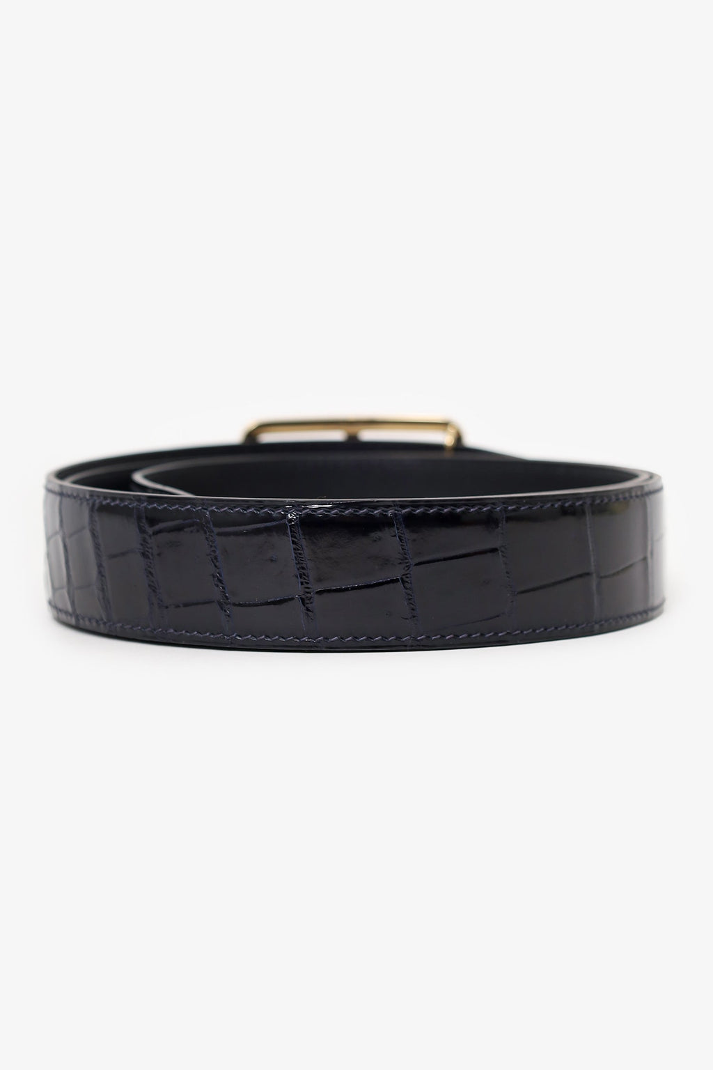 Hermès Navy Shiny Crocodile Porosus Leather Officer Buckle Belt