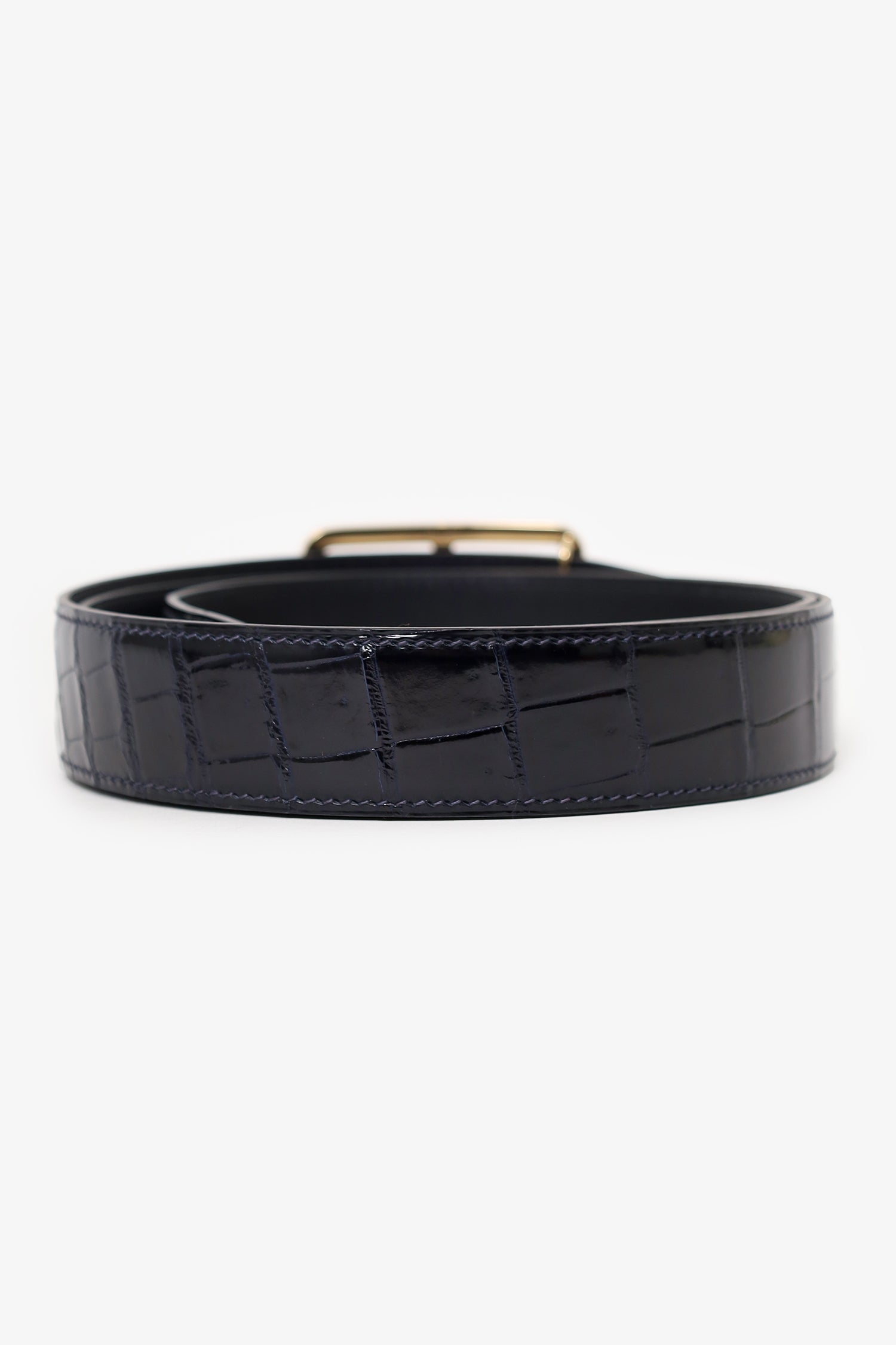 Hermès Navy Shiny Crocodile Porosus Leather Officer Buckle Belt