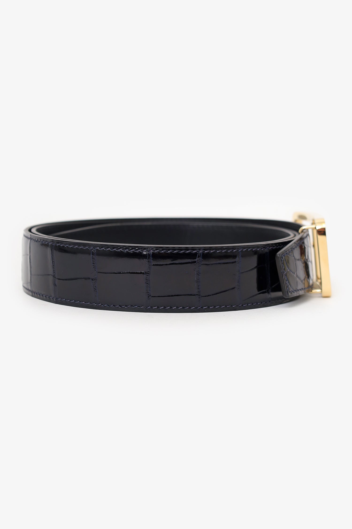 Hermès Navy Shiny Crocodile Porosus Leather Officer Buckle Belt