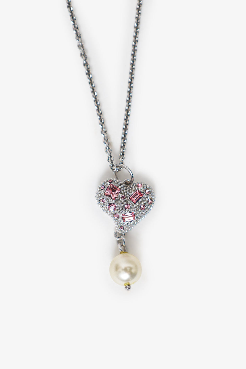 Miu Miu Silver Toned Pink Ribbon Heart Pearl Drop Necklace