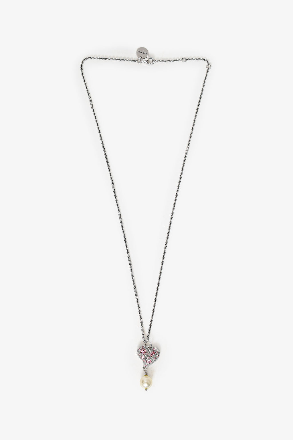 Miu Miu Silver Toned Pink Ribbon Heart Pearl Drop Necklace