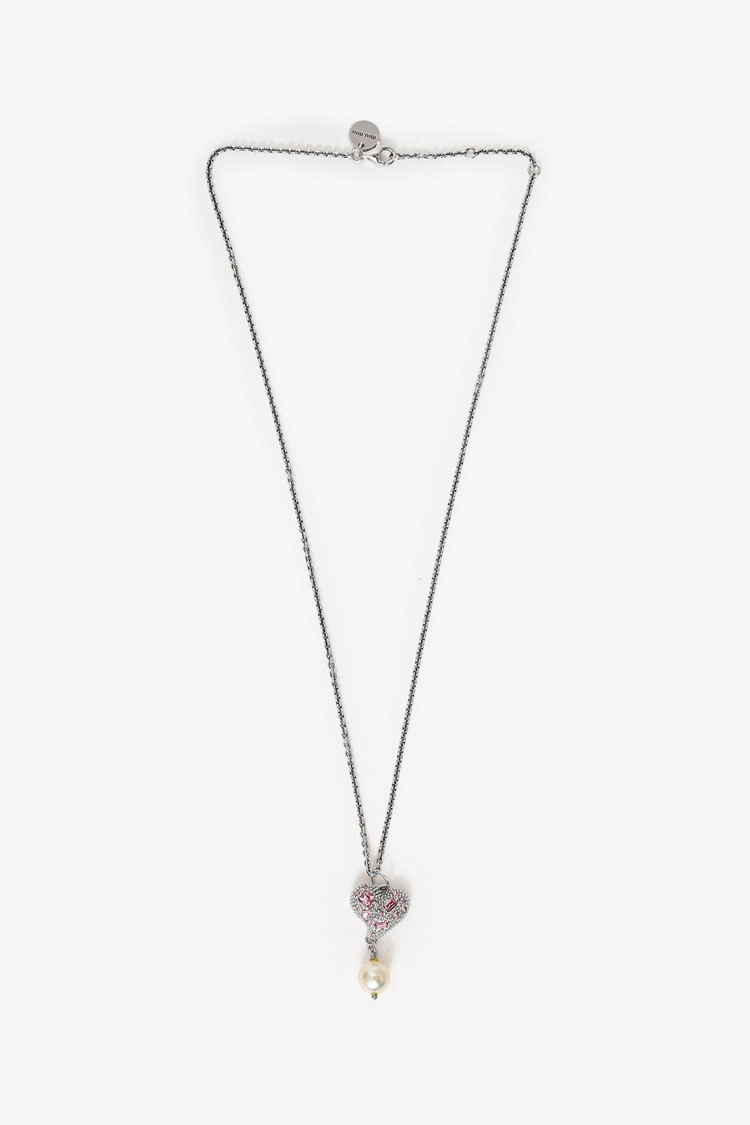 Miu Miu Silver Toned Pink Ribbon Heart Pearl Drop Necklace