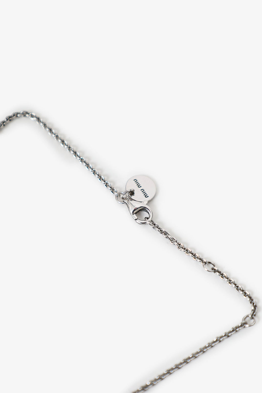 Miu Miu Silver Toned Pink Ribbon Heart Pearl Drop Necklace