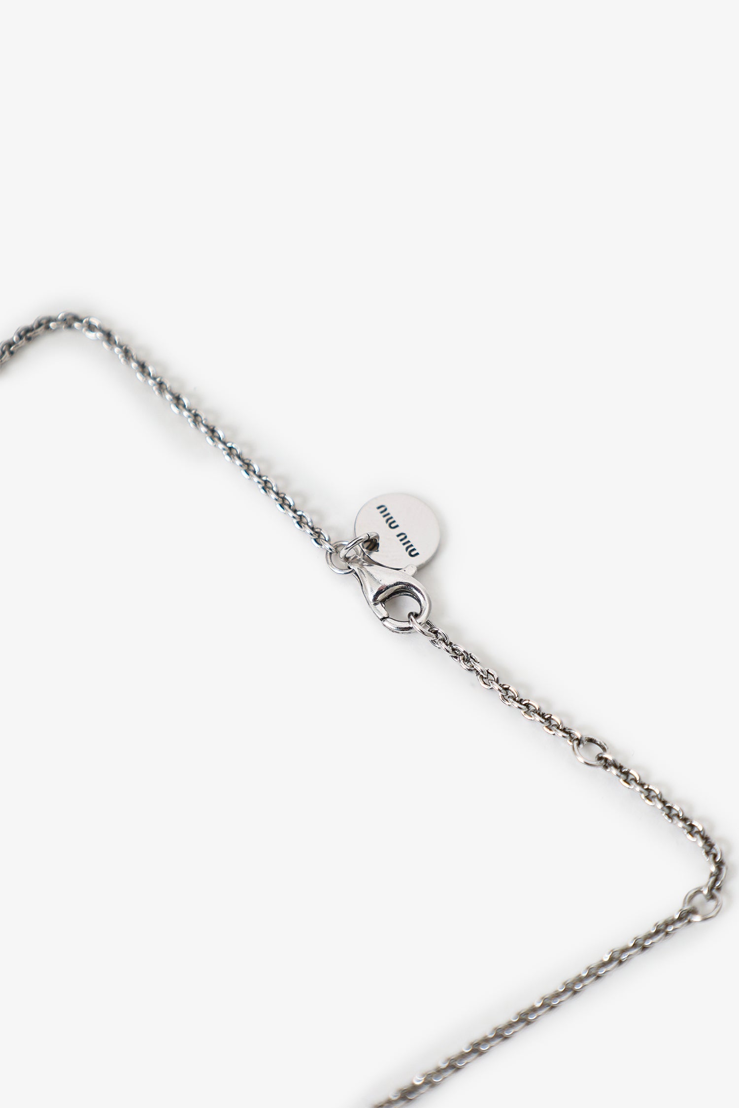 Miu Miu Silver Toned Pink Ribbon Heart Pearl Drop Necklace