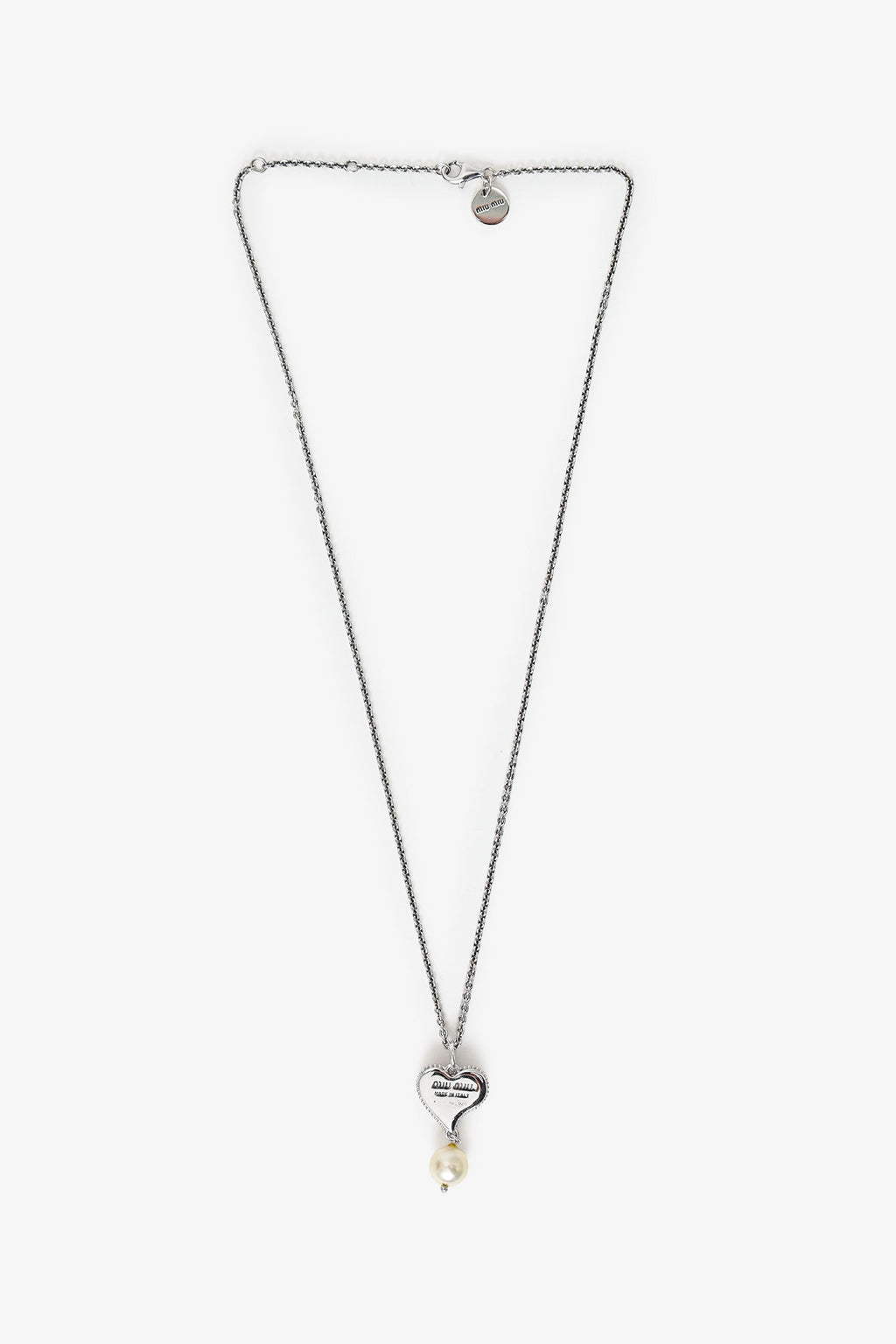 Miu Miu Silver Toned Pink Ribbon Heart Pearl Drop Necklace