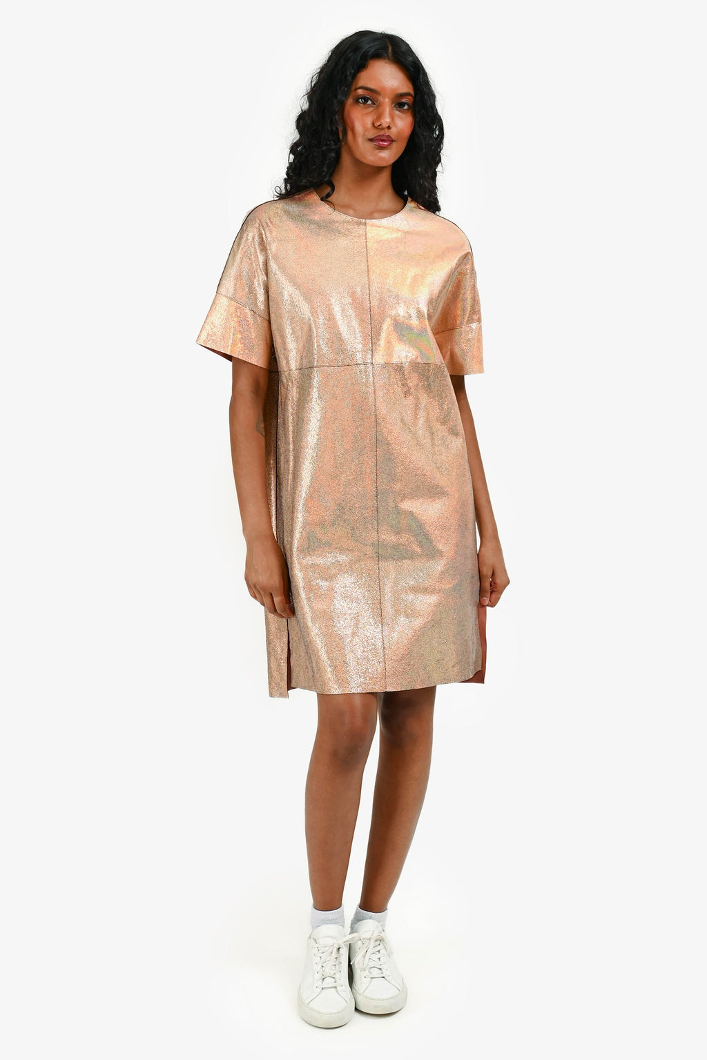 Gucci Pink Iridescent Leather Short Sleeves Shift Dress Size 38