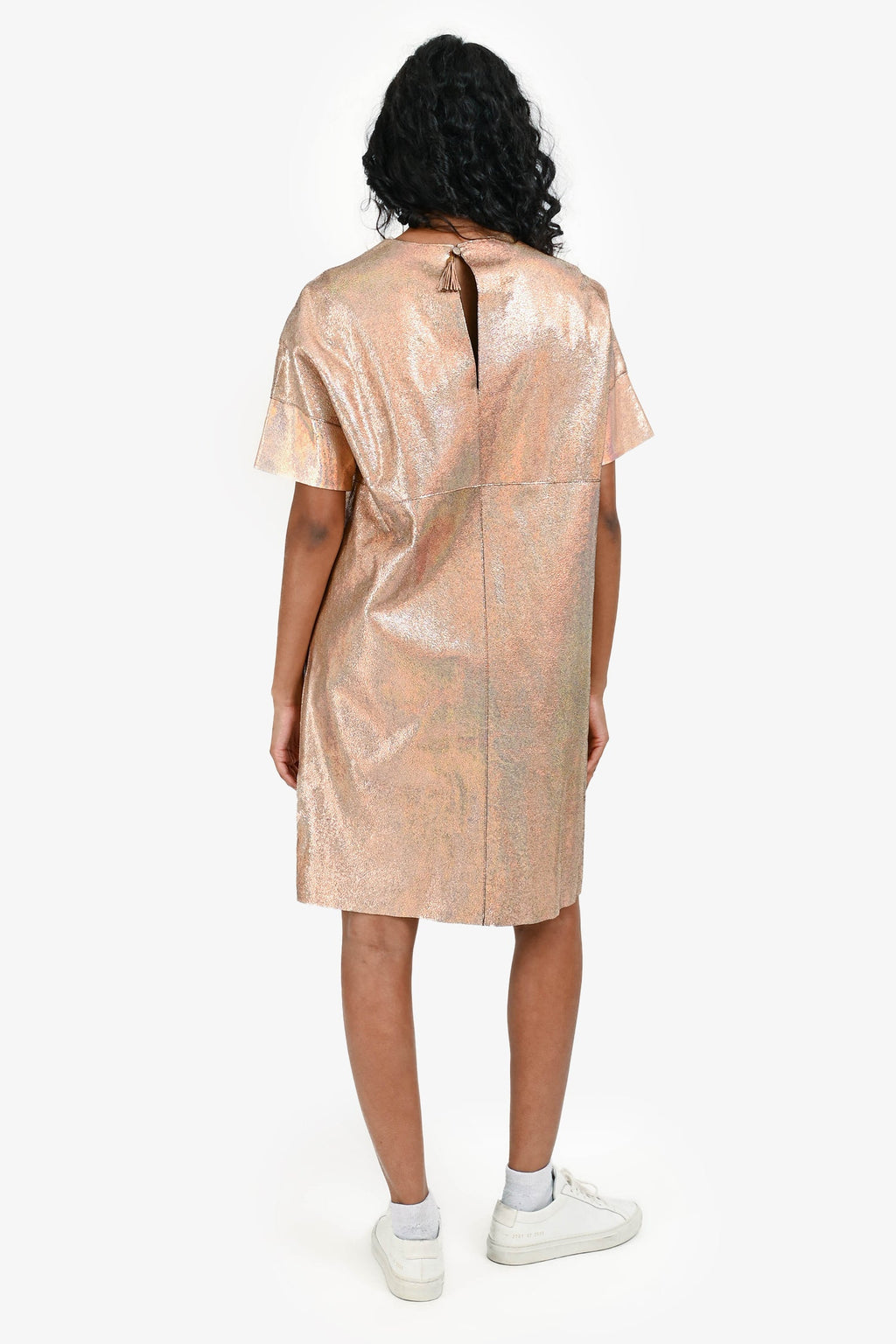 Gucci Pink Iridescent Leather Short Sleeves Shift Dress Size 38