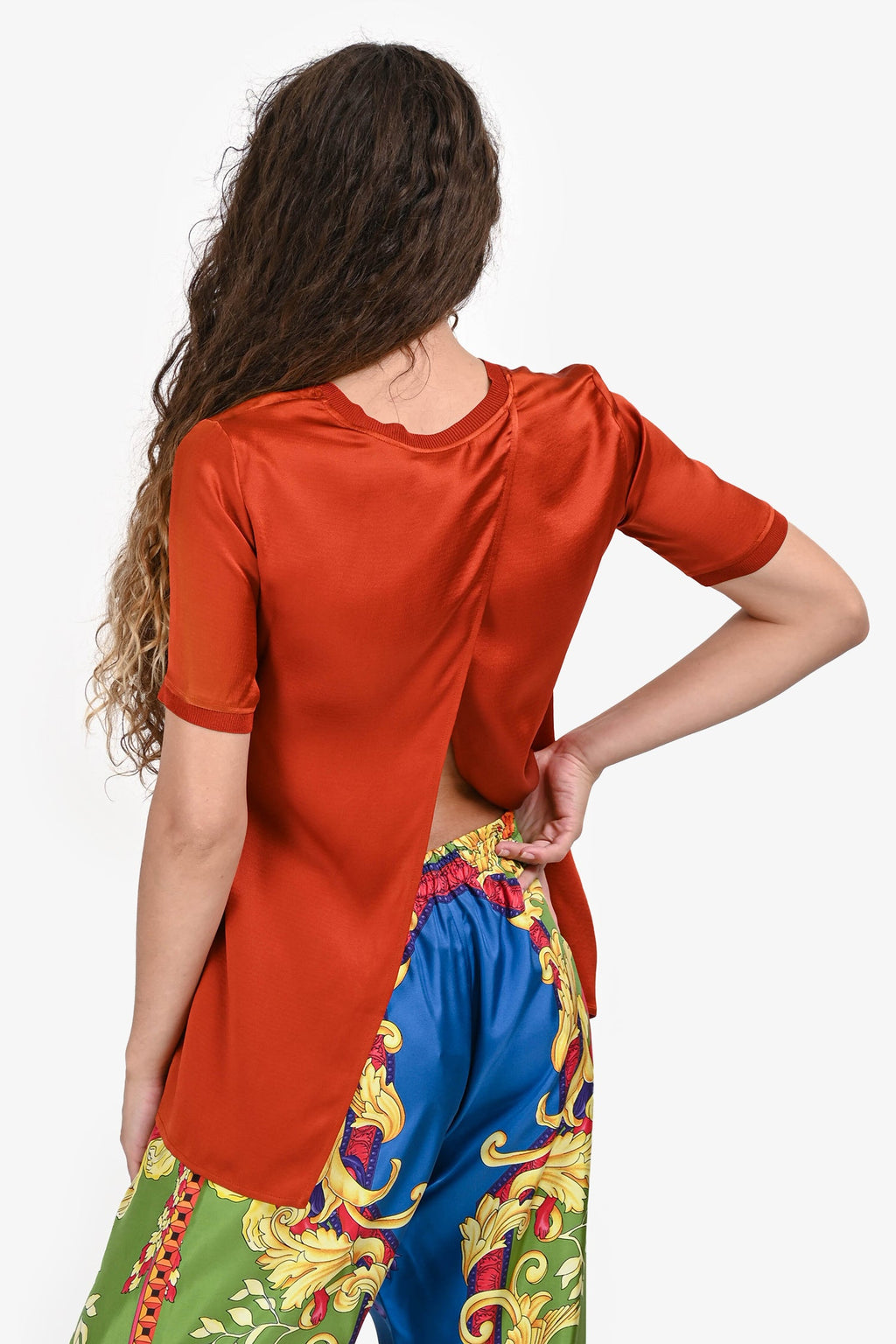 Gucci Burnt Orange Silk Short Sleeves Split Back Blouse Size 36