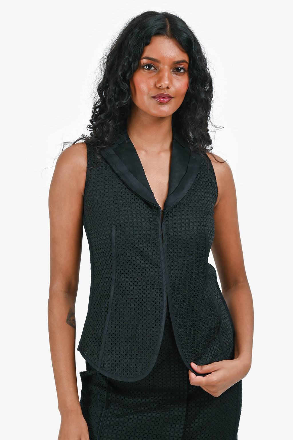 Louis Vuitton Black Eyelet Lace Vest Size 34 + Midi Skirt Size 36 Set